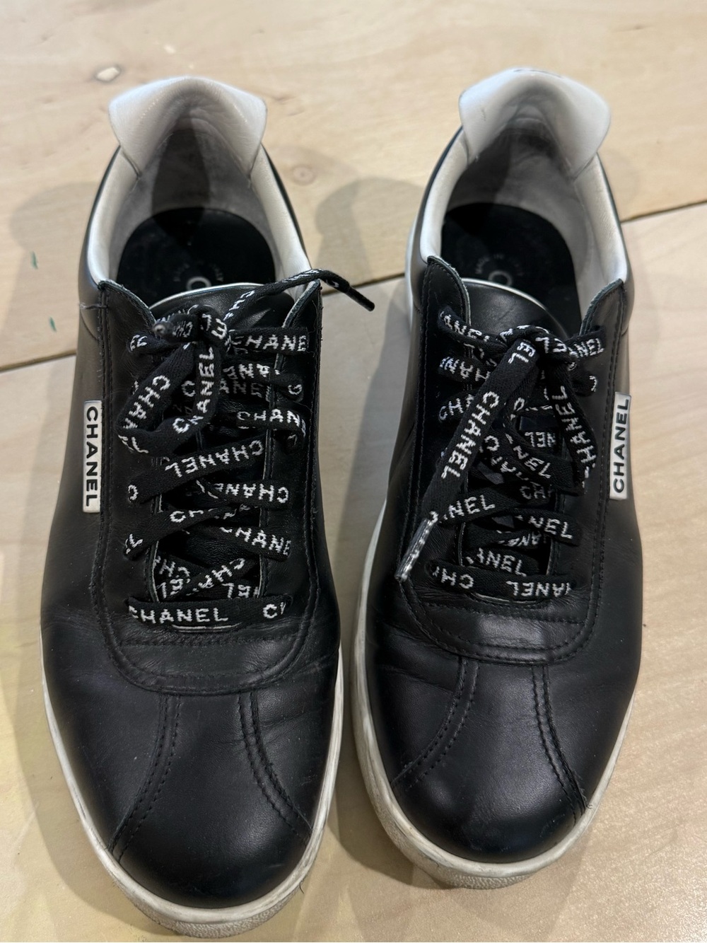 CHANEL Black and White Leather Logo Lace-Up Sneakers